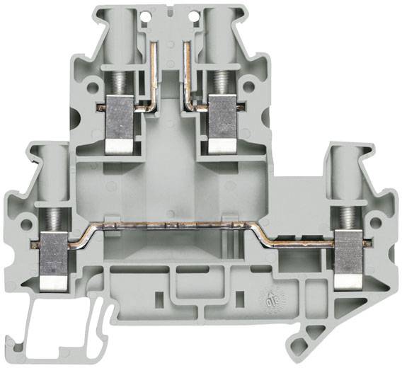 Grau-grüne elektrische Klemme mit zwei Metallkontakten, symmetrisches Design, seitliche Befestigungsstellen.