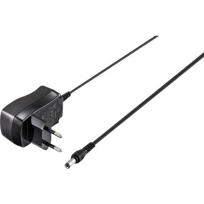 Schwarzes Netzteil mit Eurostecker und dünnem Kabel, endet in einem kleinen runden Stecker. Verwenden für elektronische Geräte.