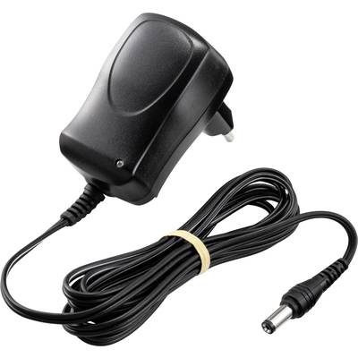 Schwarzes Netzteil mit langem Kabel, Eurostecker und Rundstecker am anderen Ende, zusammengehalten durch ein Gummiband.