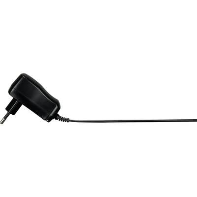 Schwarzes Netzteil mit Kabel und Stecker, liegt horizontal; verwendet zum Laden von elektronischen Geräten.