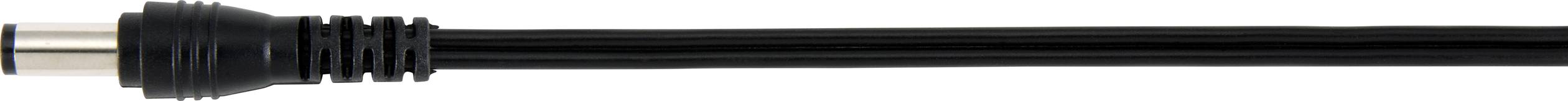 Schwarzes, geriffeltes Elektrokabel mit Metallstecker an einem Ende, horizontal ausgerichtet.