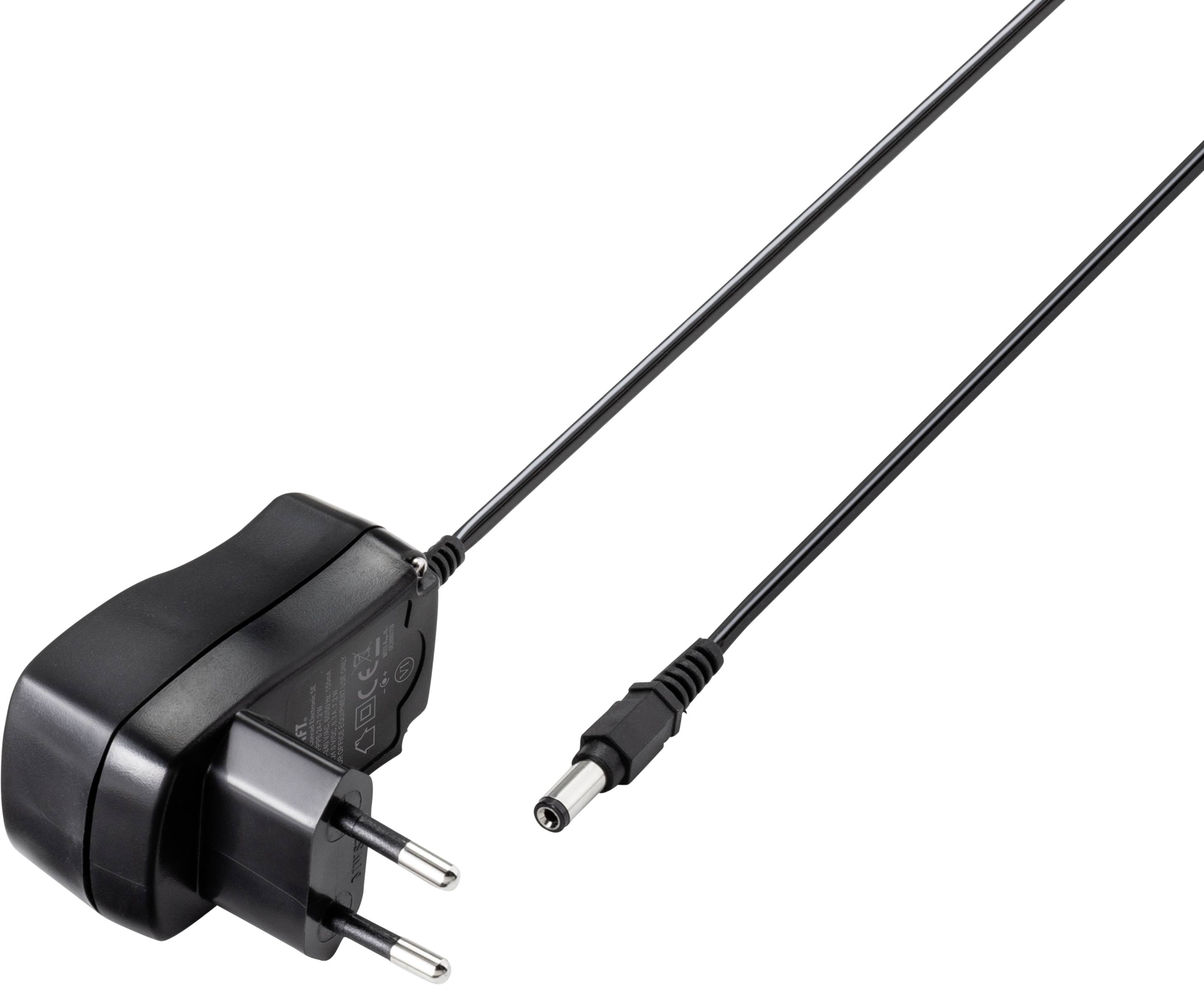 Netzteil mit schwarzem Gehäuse und abnehmbarem Kabel, europäischer Stecker links,  steckbarer Anschluss rechts.