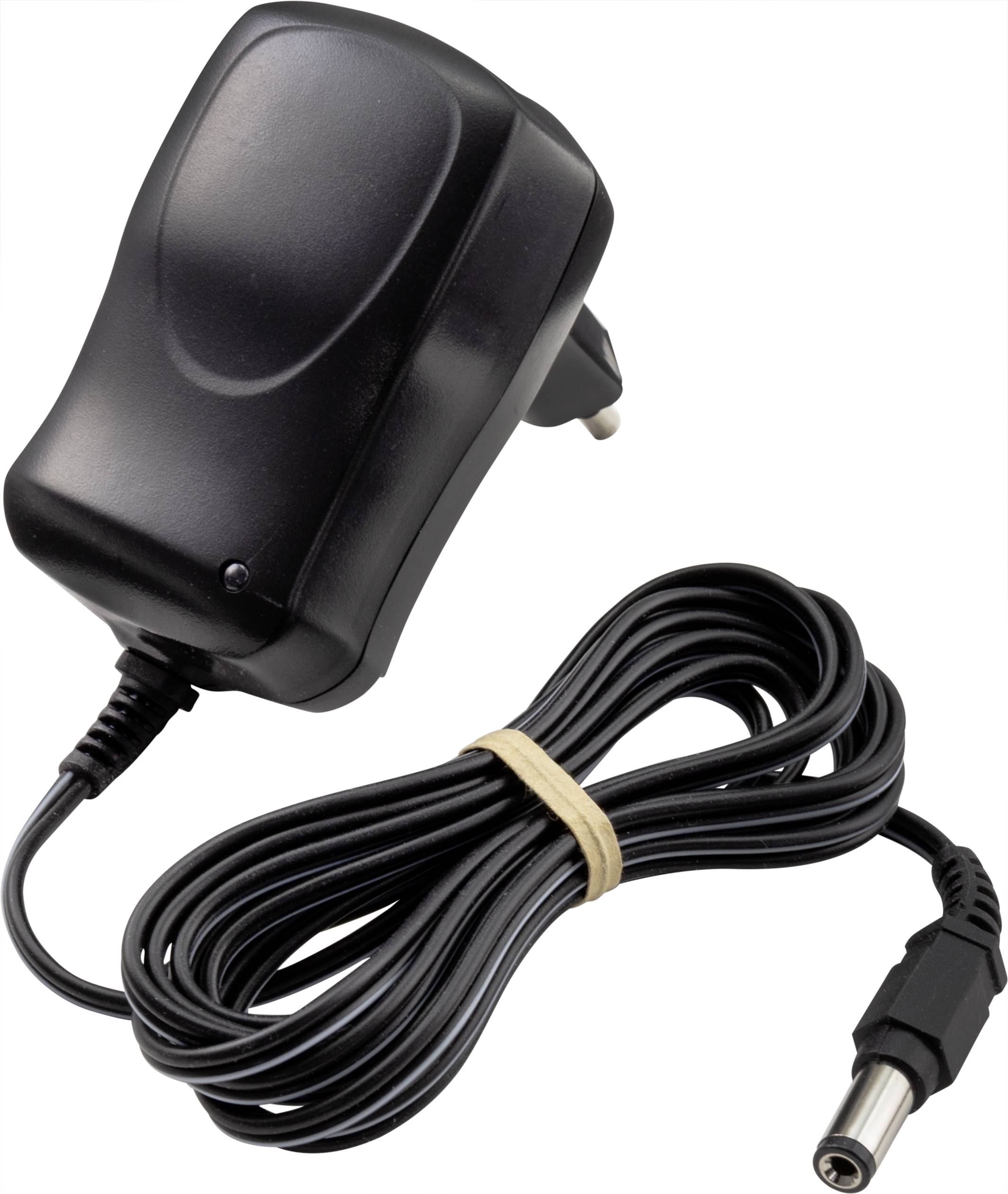 Schwarzes Netzteil mit Kabel und Stecker. Ideal für elektronische Geräte.