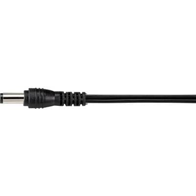 Schwarzes Kabel mit rundem Metallstecker, typisch für elektronische Anschlüsse, auf weißem Hintergrund.