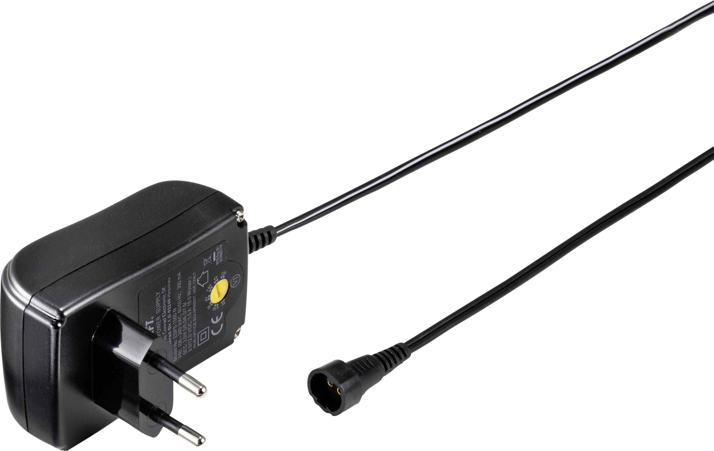 Schwarzes Netzteil mit europäischem Stecker und langem Kabel, geeignet für elektronische Geräte.