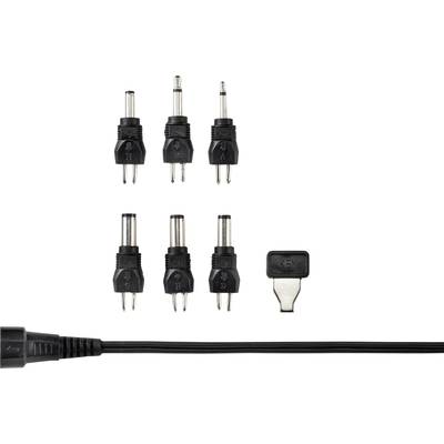 Verschiedene schwarze Adapterstecker für elektronische Geräte, darunter fünf zylindrische und ein flacher Stecker. Ein Kabel verbindet sie.