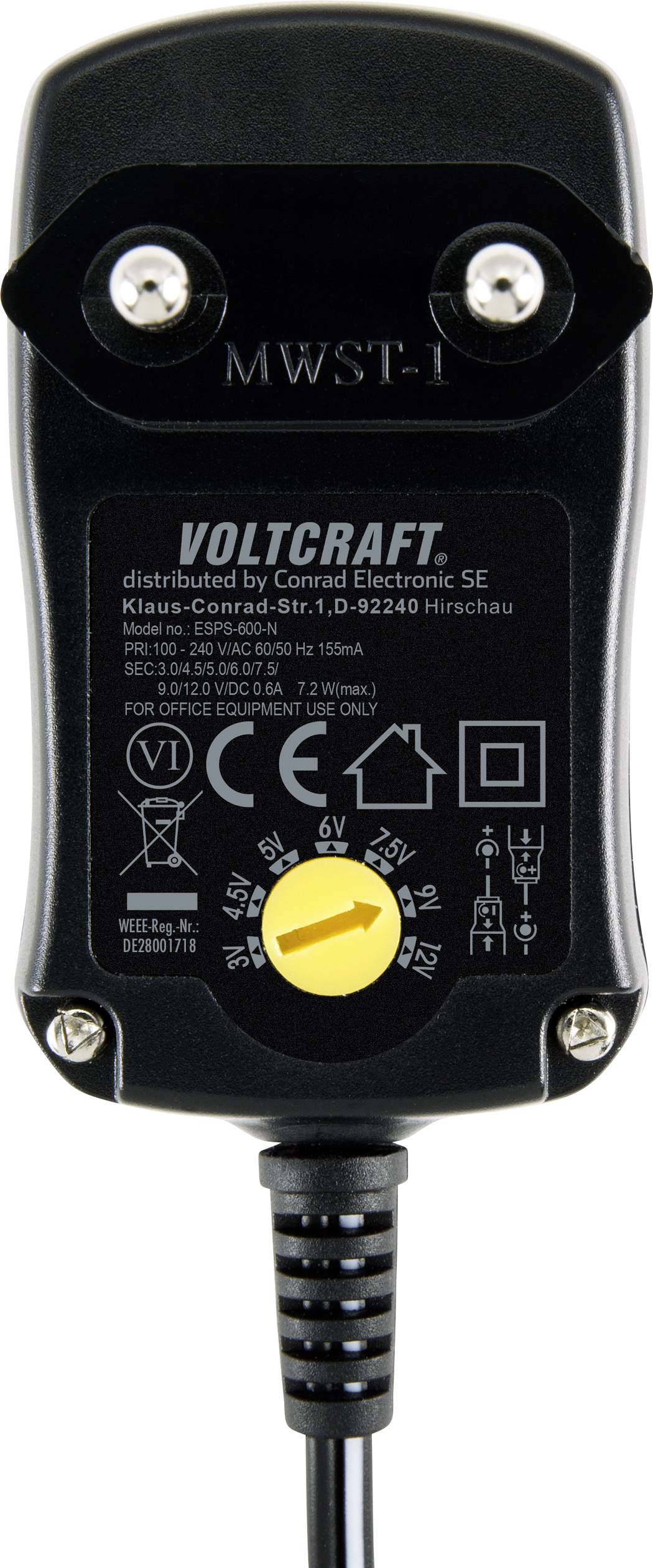 Elektronisches Gerät mit schwarzem Gehäuse, gelbem Drehknopf zur Spannungsanpassung, und silbernen Kontakten. Markierung 'Voltcraft'.