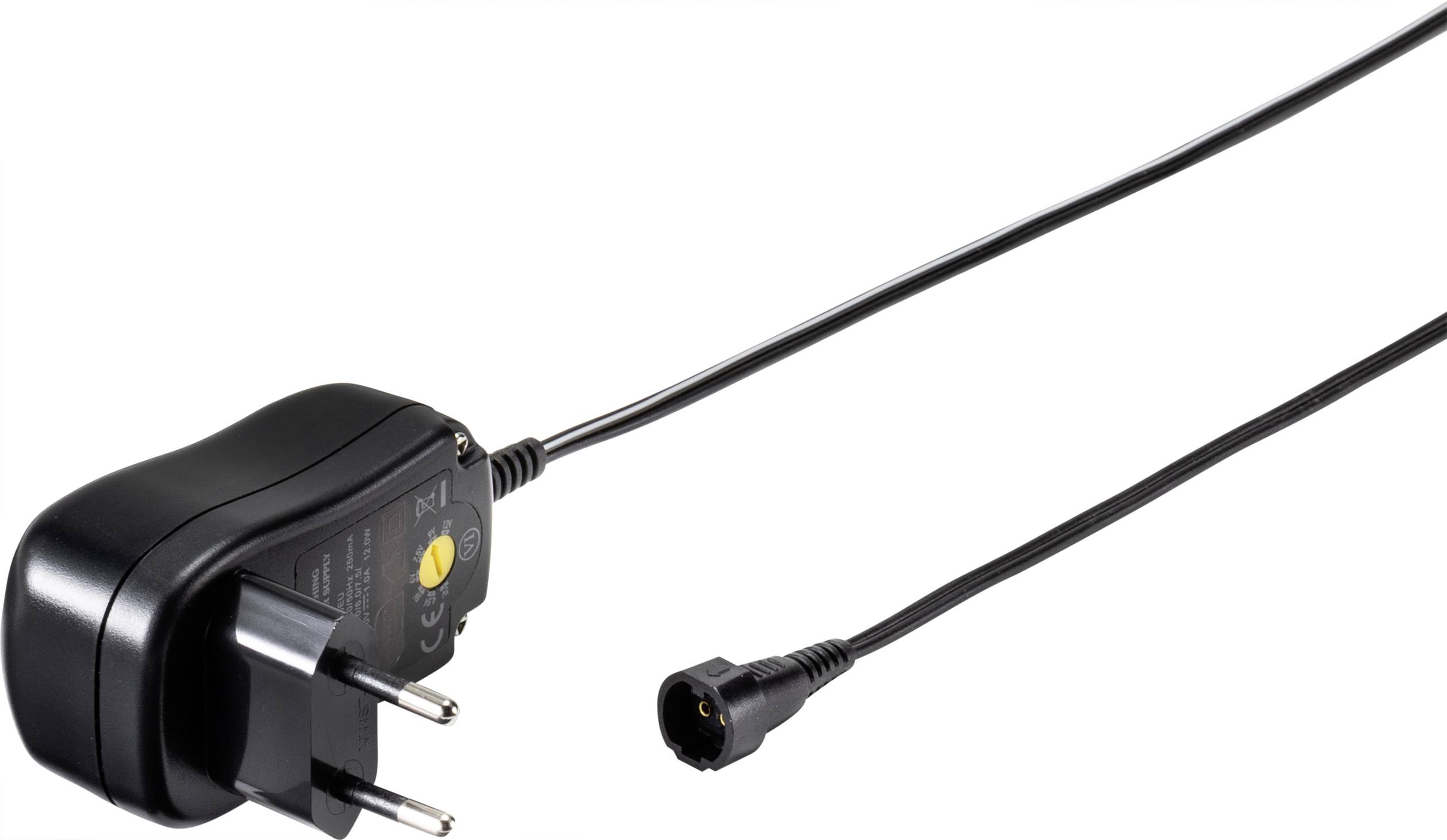 Schwarzes Netzteil mit EU-Stecker und langem Kabel, endend in einem runden Anschluss. Geeignet zur Stromversorgung von elektronischen Geräten.