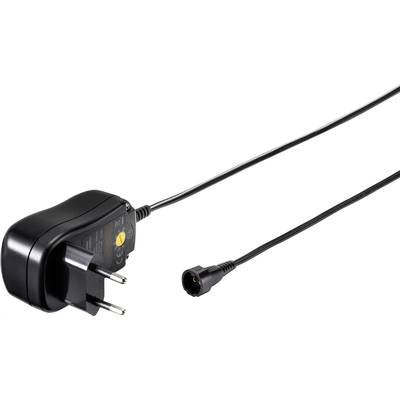 Schwarzes Netzteil mit EU-Stecker und langem Kabel, endend in einem runden Anschluss. Geeignet zur Stromversorgung von elektronischen Geräten.