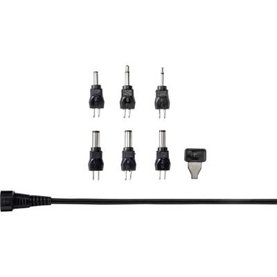 Sechs verschiedene schwarze Adapterstecker und ein Adapter kombiniert dargestellt, geeignet für unterschiedliche Geräteanschlüsse.