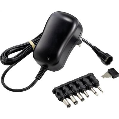 Schwarzes Netzteil mit Kabel und mehreren austauschbaren Adaptern, geeignet für verschiedene elektronische Geräte.