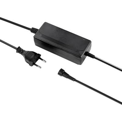 Ein schwarzes Netzteil mit einem Eurostecker links und einem runden Anschlussstecker rechts. Geeignet für elektronische Geräte.