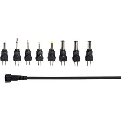 Acht verschiedene schwarze Adapterstecker mit zwei Stiften, in einer Reihe aufgestellt; verbunden mit einem Kabel.
