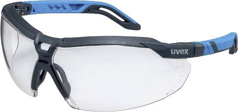 Eine Schutzbrille mit klarem Glas und blau-schwarzem Rahmen, geeignet für Augenschutz bei handwerklichen Arbeiten.