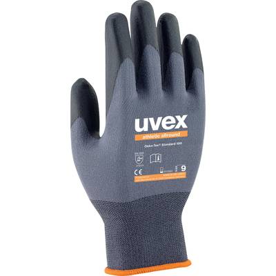 Arbeitshandschuh von Uvex, grau mit schwarzem Grip, orangefarbene Details. Zertifikate, Logos und Text auf dem Handrücken.