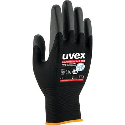 Uvex phynomic airLite A ESD Arbeitshandschuh in Schwarz mit Text 'MADE IN GERMANY', Logo und Zertifikaten auf dem Handrücken.