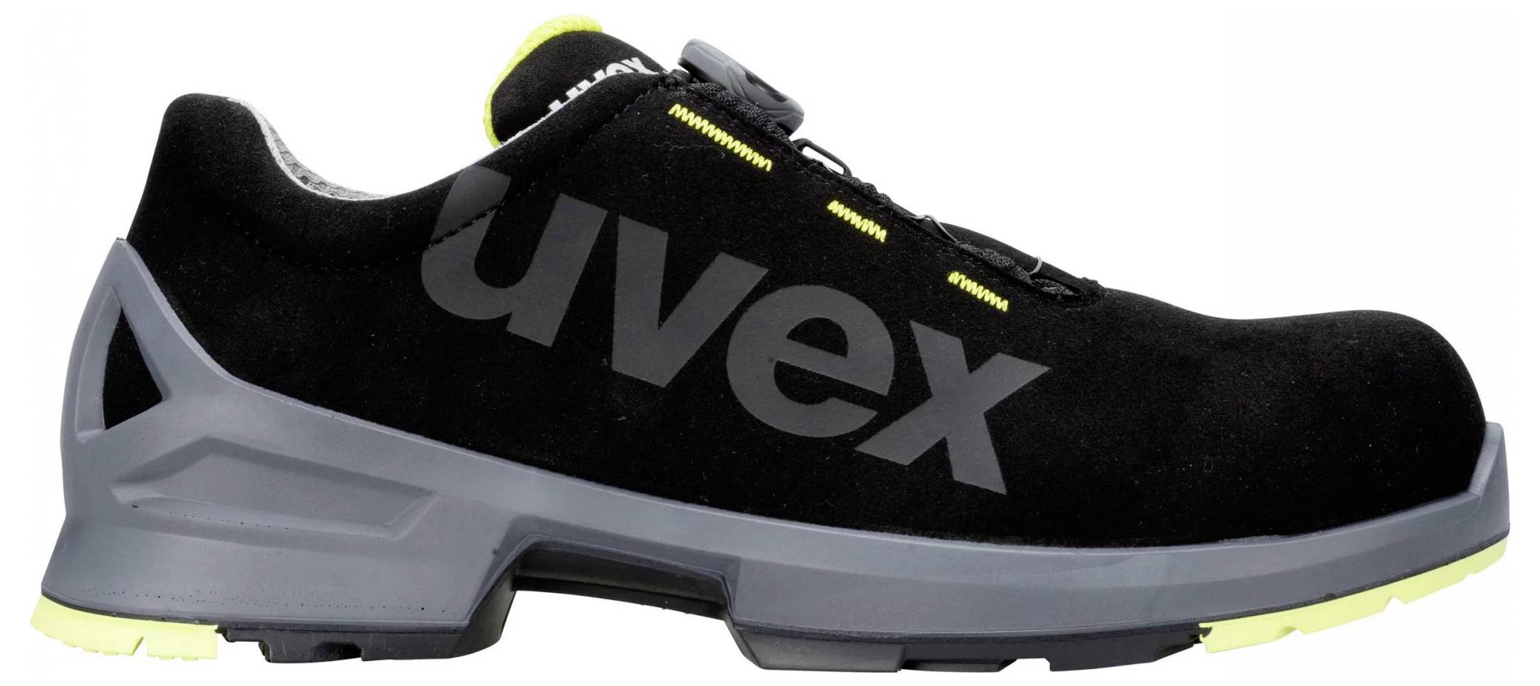 Schwarzer Sicherheitsschuh mit grauer Sohle und gelben Details. Der Schuh hat eine große Aufschrift 'uvex' auf der Seite.
