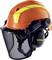 Ein leuchtend orangefarbener Schutzhelm mit gelbem Reflexstreifen, Gesichtsschutz und Gehörschutz.