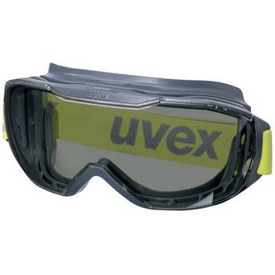 Schutzbrille mit dunkel getönten Gläsern und grauem Rahmen, verfügt über gelbe Details und 'uvex'-Logo auf dem Band.