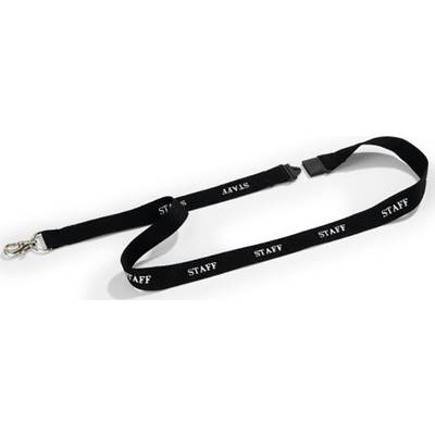 Schwarzes Lanyard mit weißer Aufschrift 'STAFF' in regelmäßigen Abständen.