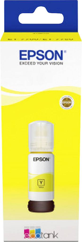Gelbe Epson Tintenflasche in blau-gelber Verpackung mit der Aufschrift 'Exceed Your Vision' oben und 'EcoTank' unten.