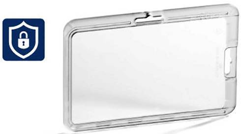 Transparente Hülle für einen Ausweis oder eine Karte, daneben ein Sicherheitssymbol mit einem Schloss in einem Schild.