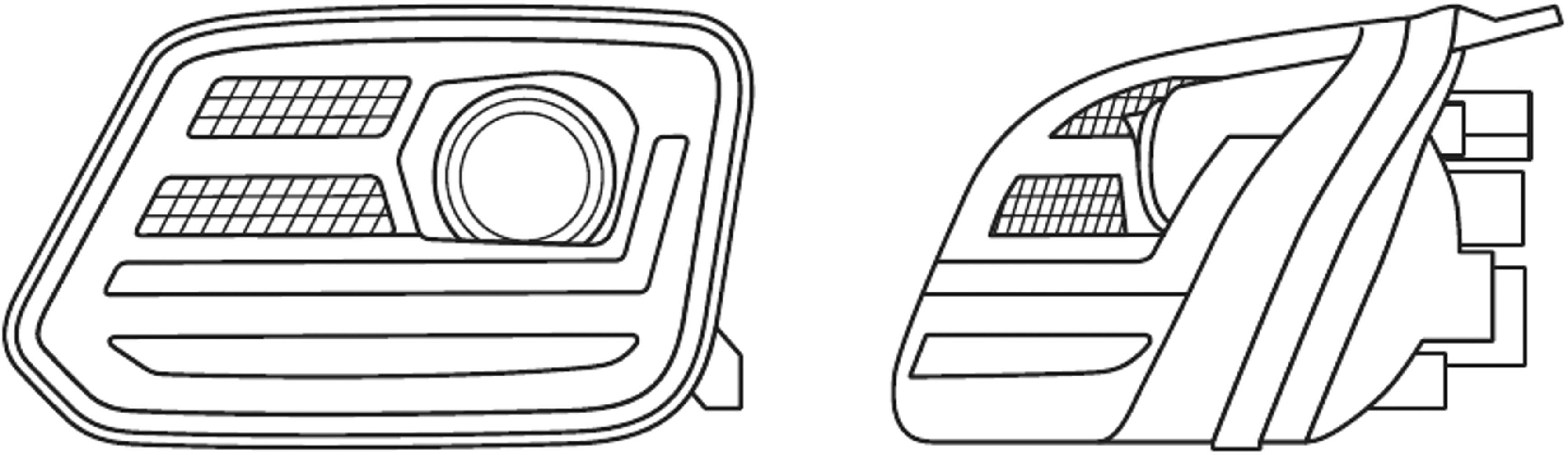 Zeichnung zweier Scheinwerferansichten: links Vorderansicht mit Details, rechts Seitenansicht. Zeigt Aufbau und Anordnung der Leuchtelemente.