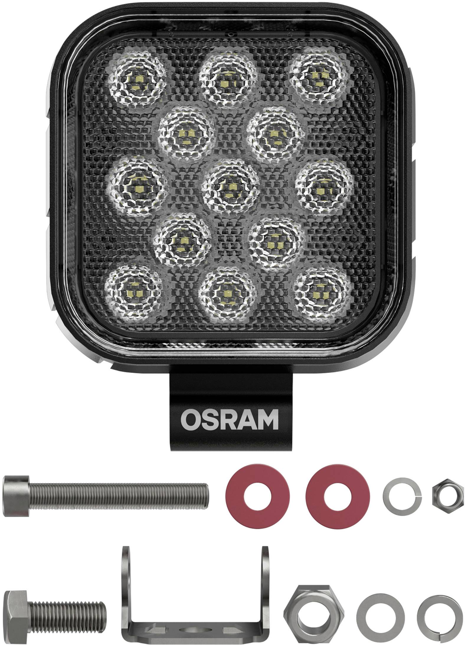 Quadratischer LED-Scheinwerfer von OSRAM mit 12 Leuchten, enthält Montageset aus Schrauben, Muttern und Dichtungen.