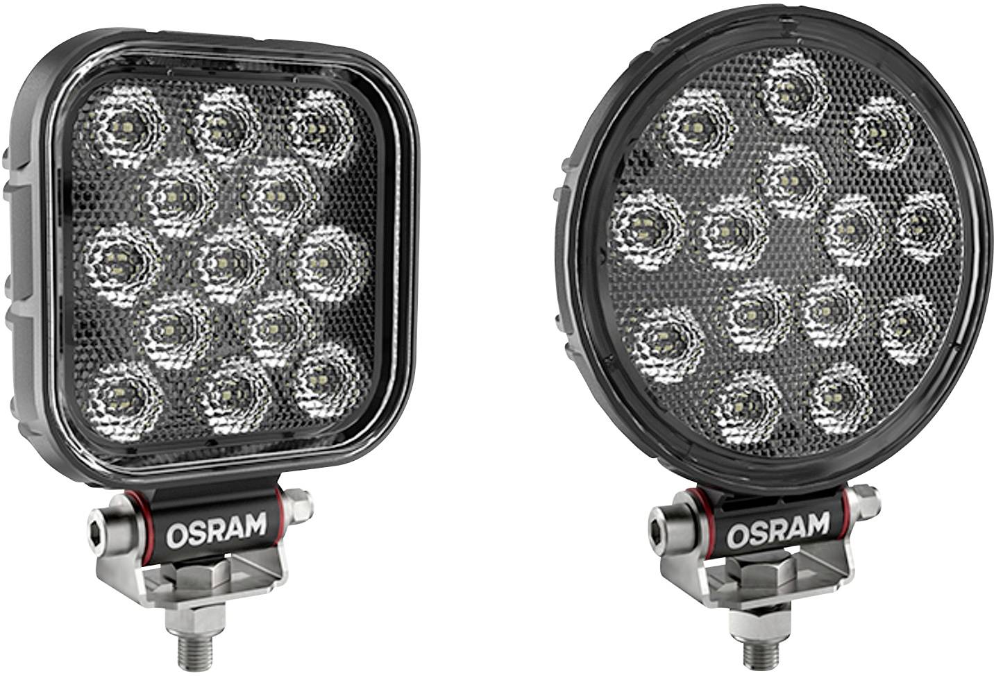 Zwei LED-Arbeitsscheinwerfer, links quadratisch, rechts rund, mit der Beschriftung 'OSRAM' auf der Halterung.