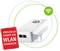 Ein weißer WLAN-Adapter von Devolo mit zwei Ethernet-Anschlüssen. Text auf rotem Schild: 'Devolo stoppt die WLAN-Schwäche'.