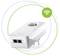 Steckdosenadapter mit WLAN-Symbol, zeigt einen Netzwerkadapter mit zwei Ethernet-Ports und integrierter Steckdose.