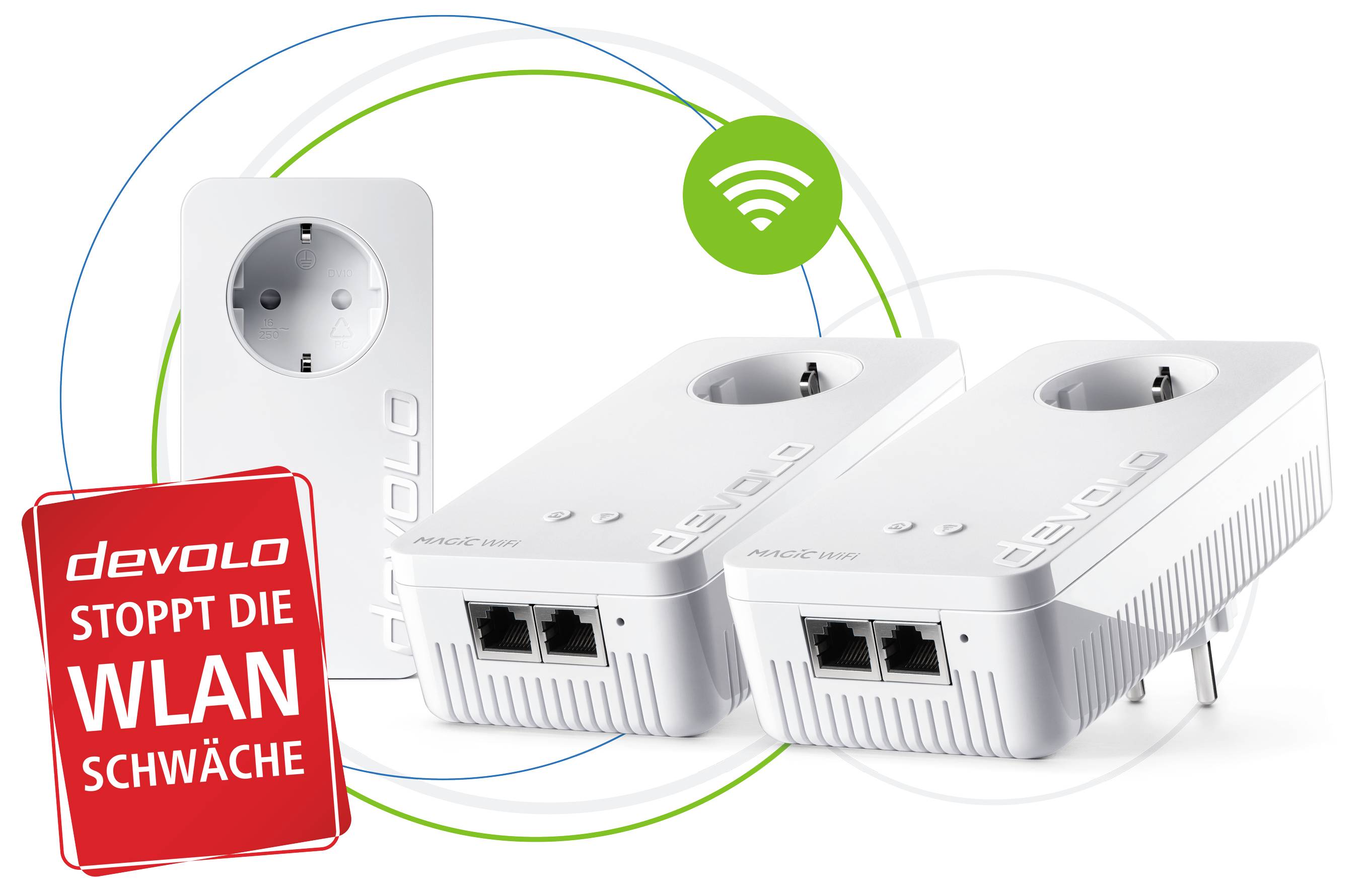 Zwei weiße WLAN-Adapter von Devolo mit Steckdosen und Ethernet-Anschlüssen, daneben ein weiteres Gerät. Text: 'Devolo stoppt die WLAN-Schwäche'.