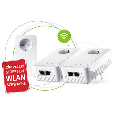 Zwei weiße WLAN-Adapter von Devolo mit Steckdosen und Ethernet-Anschlüssen, daneben ein weiteres Gerät. Text: 'Devolo stoppt die WLAN-Schwäche'.