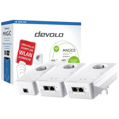 'devolo Magic 2 WiFi next' Adapter Set mit Powerline-Technologie zur Verbesserung des WLAN-Signals, zwei Ethernet-Ports pro Adapter.