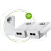 Drei weiße Powerline-Adapter mit Steckdosen und LAN-Anschlüssen. Ein grünes WLAN-Symbol zeigt kabellose Konnektivität an.
