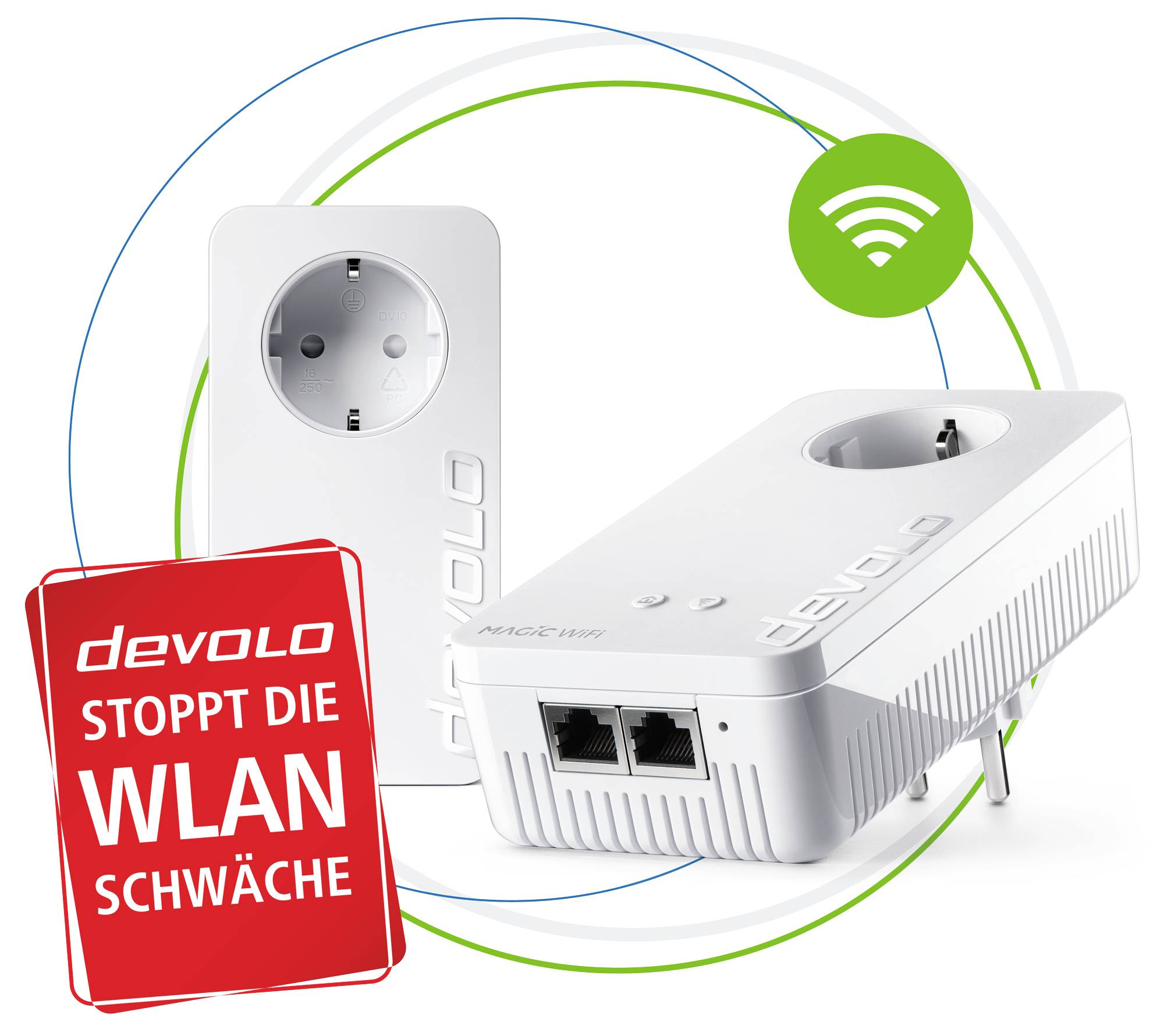 Zwei weiße WLAN-Stecker von Devolo; einer zeigt das Logo und der andere hat zwei Ethernet-Anschlüsse. Text: 'Devolo stoppt die WLAN Schwäche'.
