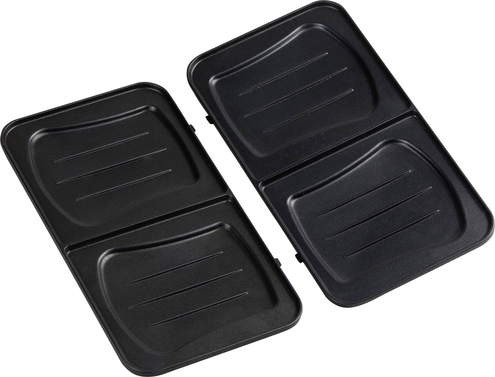 Schwarze Grillplatten; zwei Stück, rechteckig, mit geriffelter Oberfläche, zur Verwendung in einem Sandwichmaker.