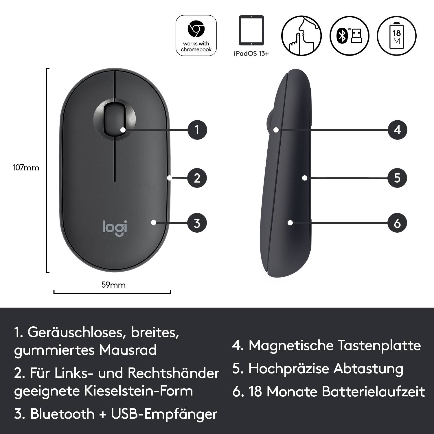 Logitech Pebble M350 Maus Bluetooth®, Funk Optisch Schwarz 3 Tasten 1000 dpi Geräuscharme Tasten-7