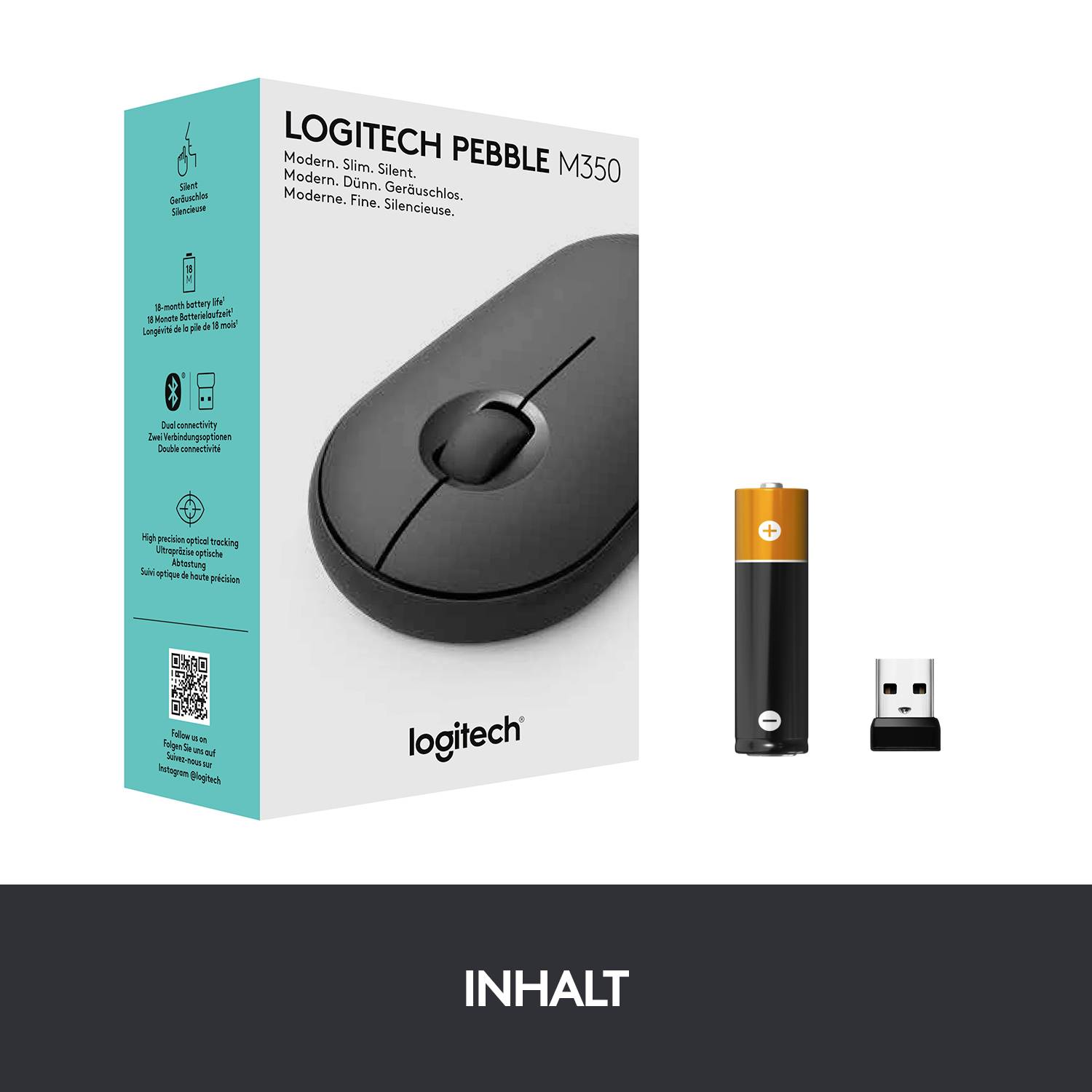 Logitech Pebble M350 Maus Bluetooth®, Funk Optisch Schwarz 3 Tasten 1000 dpi Geräuscharme Tasten-9