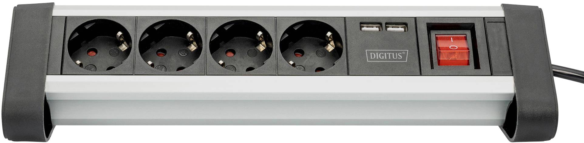 Eine Steckdosenleiste mit vier Steckplätzen, zwei USB-Anschlüssen und einem roten Ein/Aus-Schalter, markiert mit 'Digitus'.