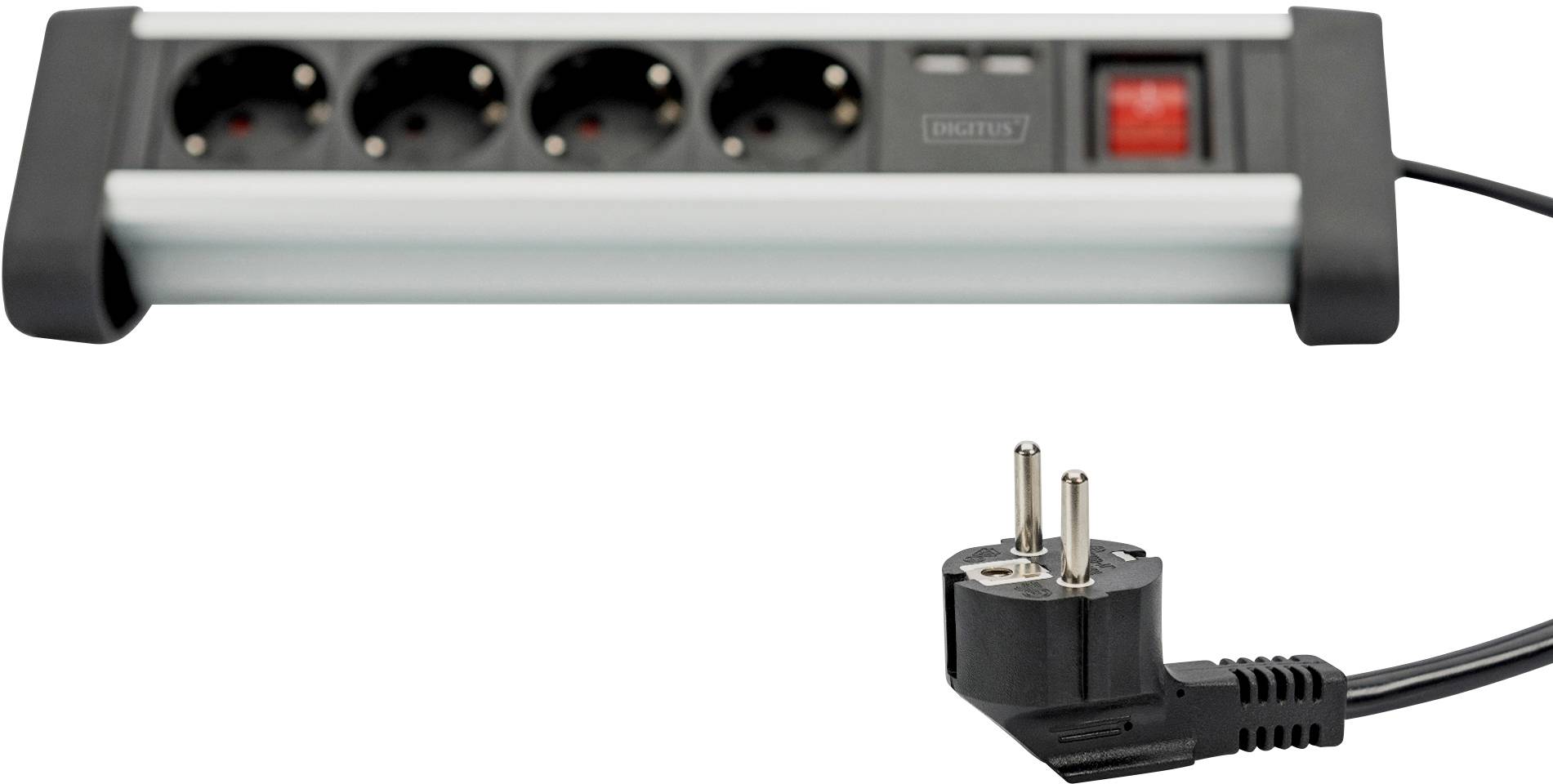 Vierfachsteckdosenleiste mit Schalter und Netzstecker, geeignet für europäische Stecker.