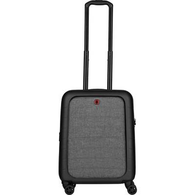 Ein schwarzer Kabinenkoffer mit Stofffront und ausziehbarem Griff, vier Rollen. Ideal für kurze Reisen oder als Handgepäck.