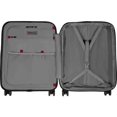 Offener grauer Koffer mit rotem Logo und mehreren Taschen auf der linken Seite; rechte Seite hat Spanngurte für Kleidung.