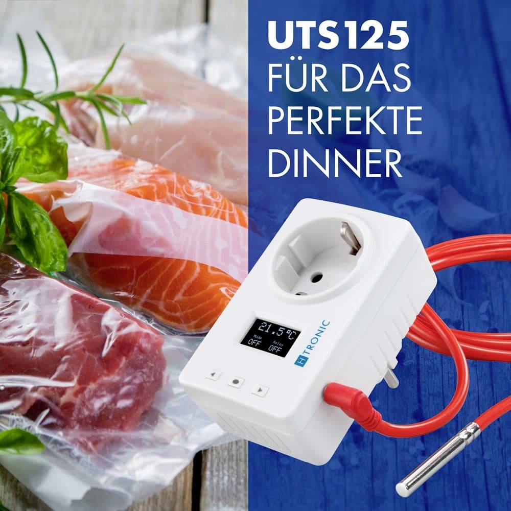 'UTS125 für das perfekte Dinner' mit einer Steckdose und Thermometer vor vakuumverpacktem Lachs und Kräutern.