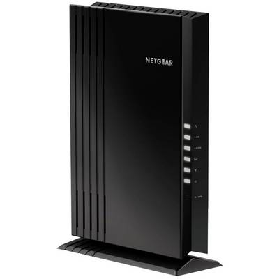 Schwarzer Netgear-WLAN-Router stehend, mit mehreren Leuchtanzeigen an der Seite.