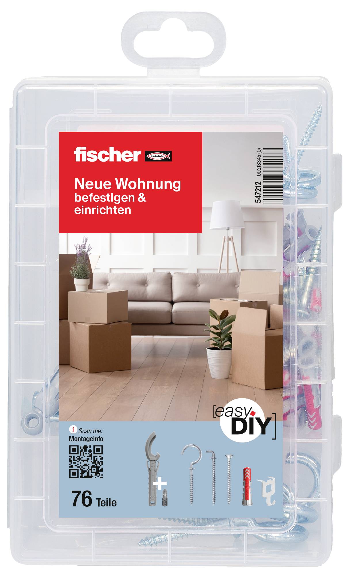 Eine transparente Box mit DIY-Werkzeugen. Der Aufkleber zeigt Umzugskartons in einem Wohnzimmer und den Text 'Neue Wohnung befestigen & einrichten'. 76 Teile enthalten.