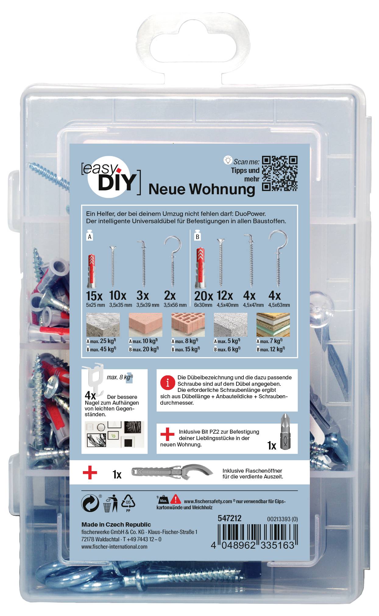 Eine Verpackung von Dübeln und Haken. Enthält Stücklisten mit Symbolen für Holz, Beton und Gipskarton. Hinweise zur Montage enthalten.