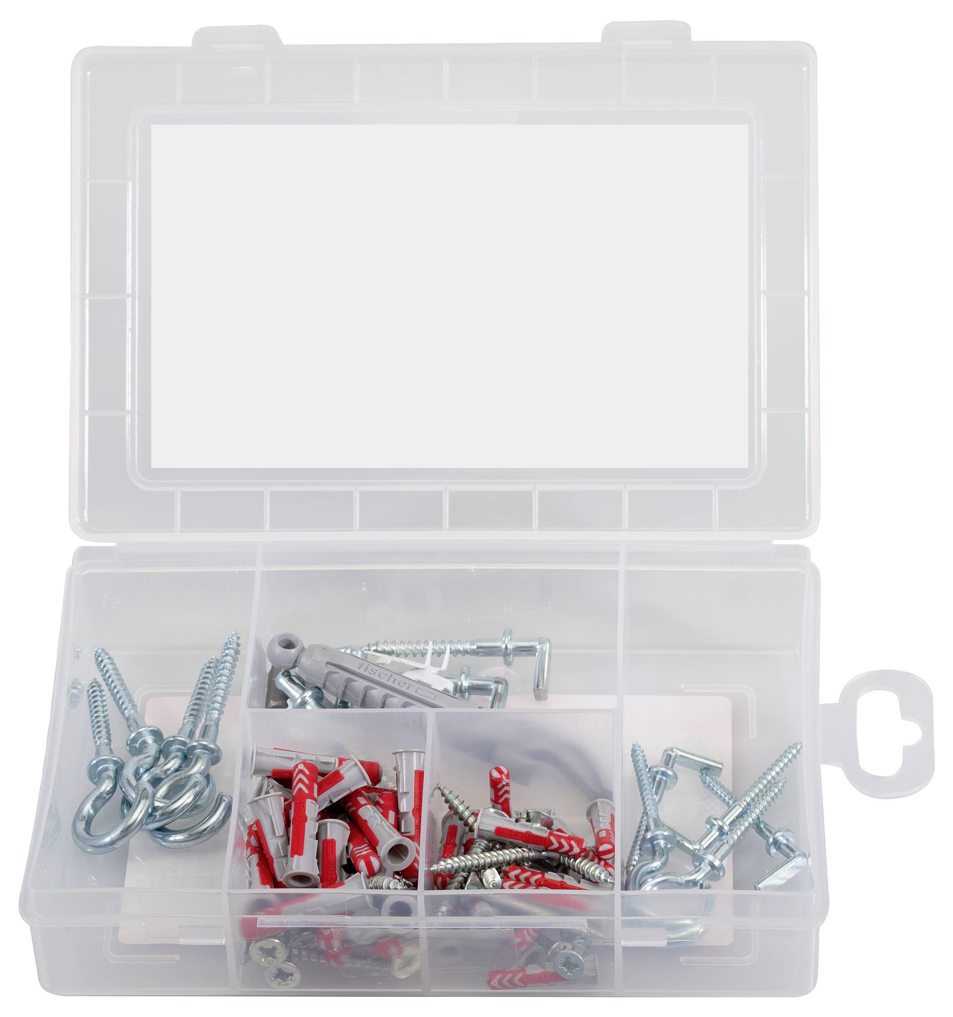 Plastikbox mit sechs Fächern enthält verschiedene Schrauben, Dübel und Haken. Hauptsächlich Metall- und Plastikteile für Befestigungen.