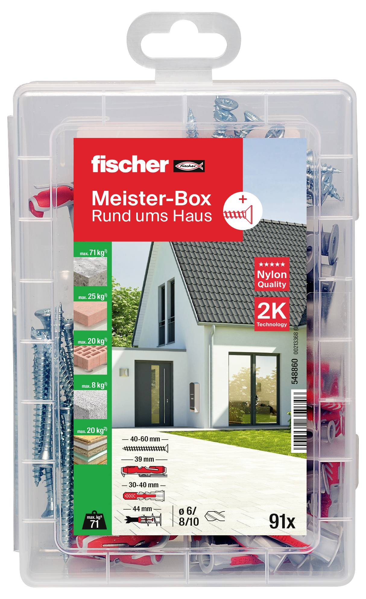 Eine Meister-Box von Fischer mit Dübeln und Schrauben vor einem Haus abgebildet. Enthält Nylon-Teile und bewältigt verschiedene Lasten bis 25 kg.