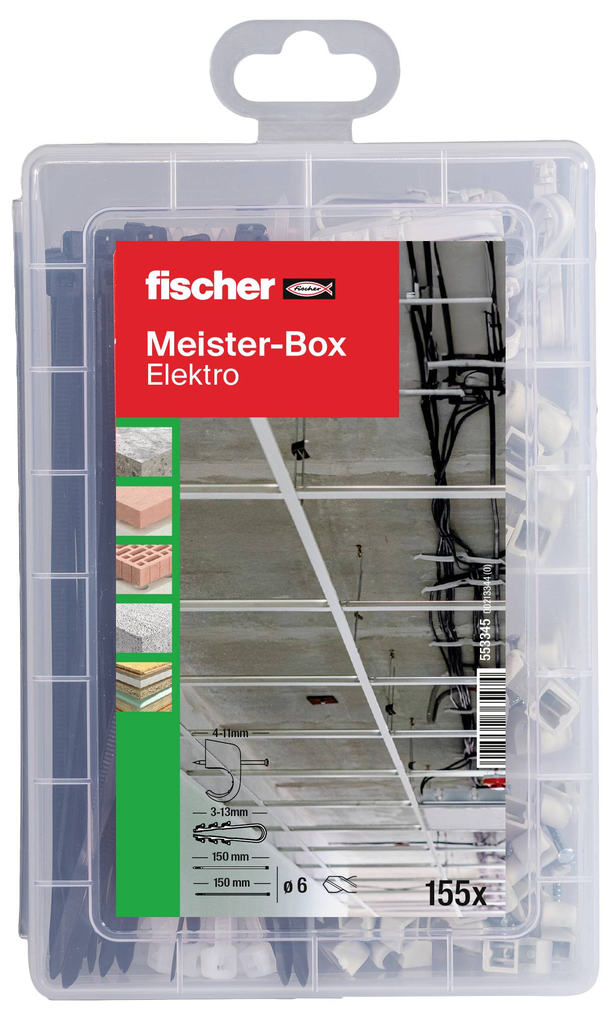 'Fischer Meister-Box Elektro': Aufbewahrungsbox mit 155 Befestigungselementen für Elektromontage, zeigt Kabelmanagement an einer Decke.
